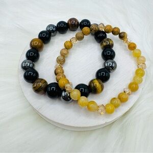 Natural Hematite Yellow Tiger Eye Beaded & Citrine Stone Bracelet Duo